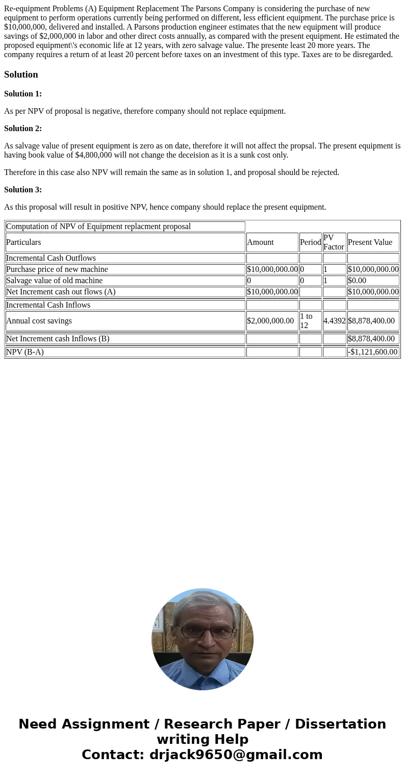  Re-equipment Problems (A) Equipment Replacement The Parsons Company is considering the purchase of new equipment to perform operations currently being performe