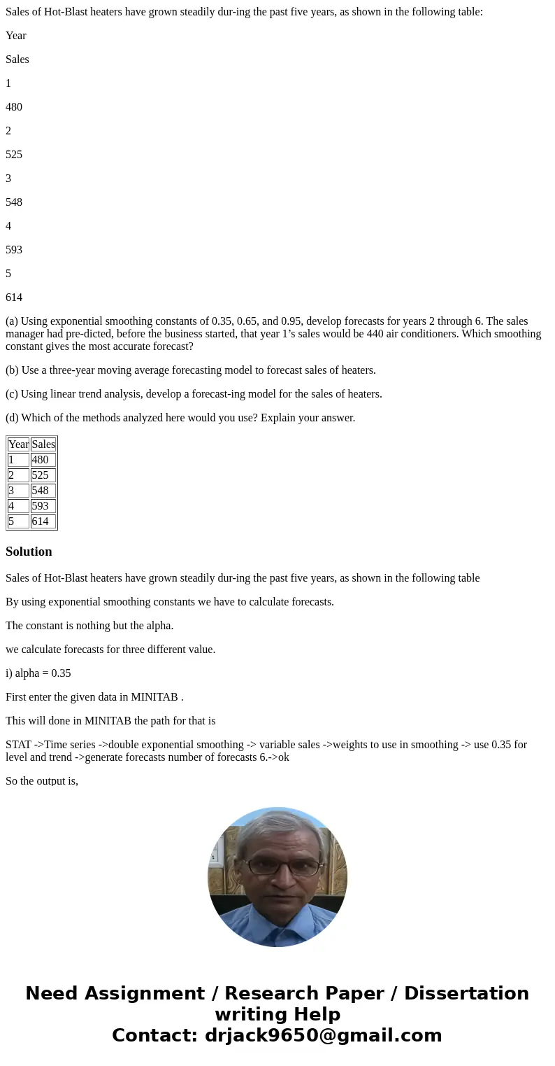 Sales of Hot-Blast heaters have grown steadily dur-ing the past five years, as shown in the following table: Year Sales 1 480 2 525 3 548 4 593 5 614 (a) Using 