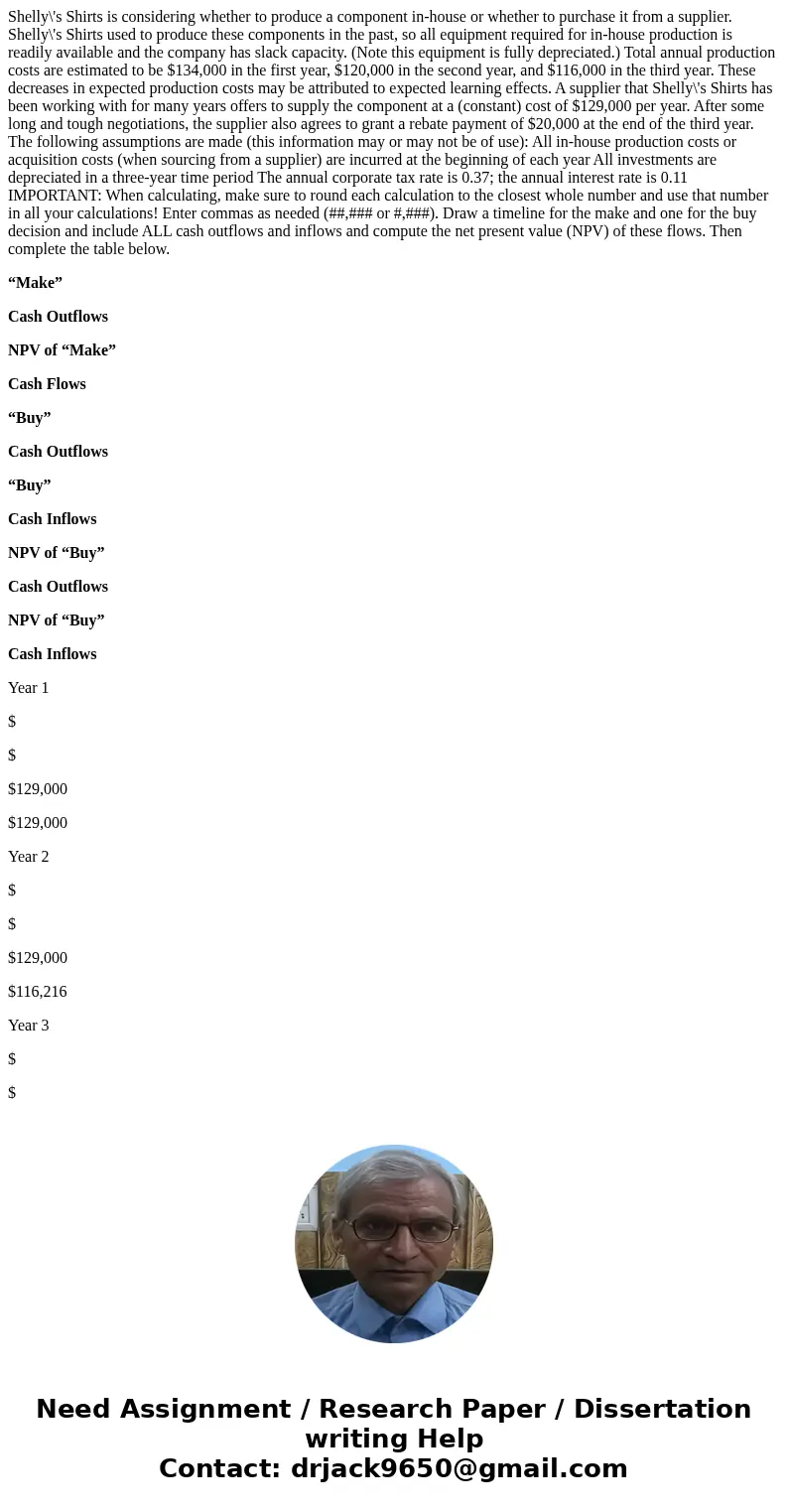 Shelly\'s Shirts is considering whether to produce a component in-house or whether to purchase it from a supplier. Shelly\'s Shirts used to produce these compon