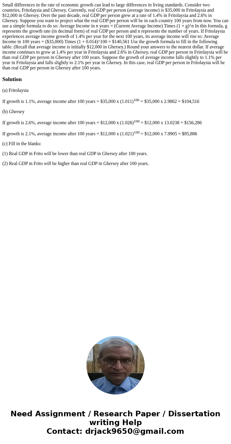  Small differences in the rate of economic growth can lead to large differences in living standards. Consider two countries, Fritolaysia and Ghersey. Currently,