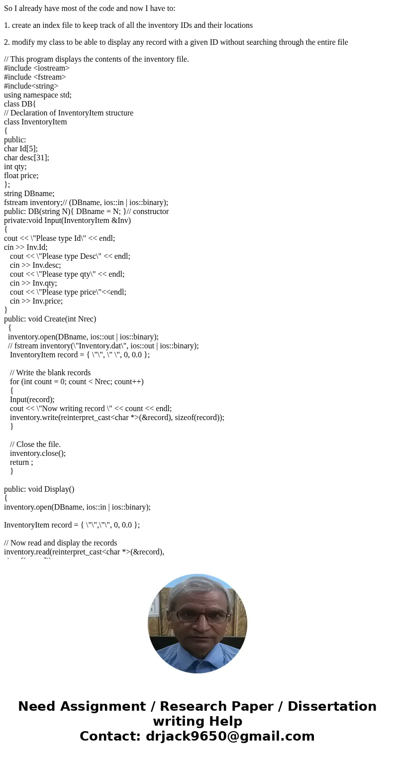 So I already have most of the code and now I have to: 1. create an index file to keep track of all the inventory IDs and their locations 2. modify my class to b
