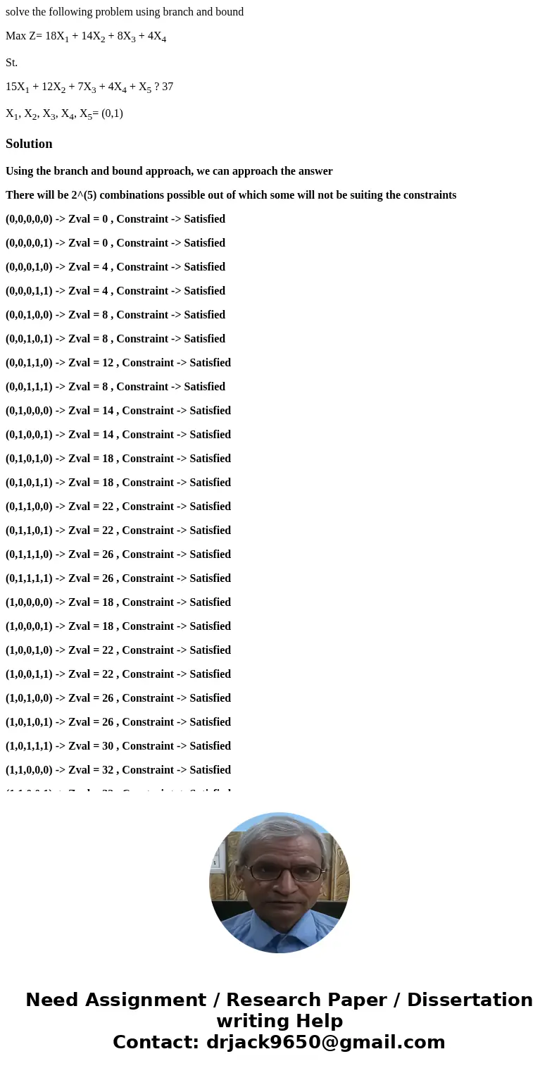 solve the following problem using branch and bound Max Z= 18X1 + 14X2 + 8X3 + 4X4 St. 15X1 + 12X2 + 7X3 + 4X4 + X5 ? 37 X1, X2, X3, X4, X5= (0,1)SolutionUsing t