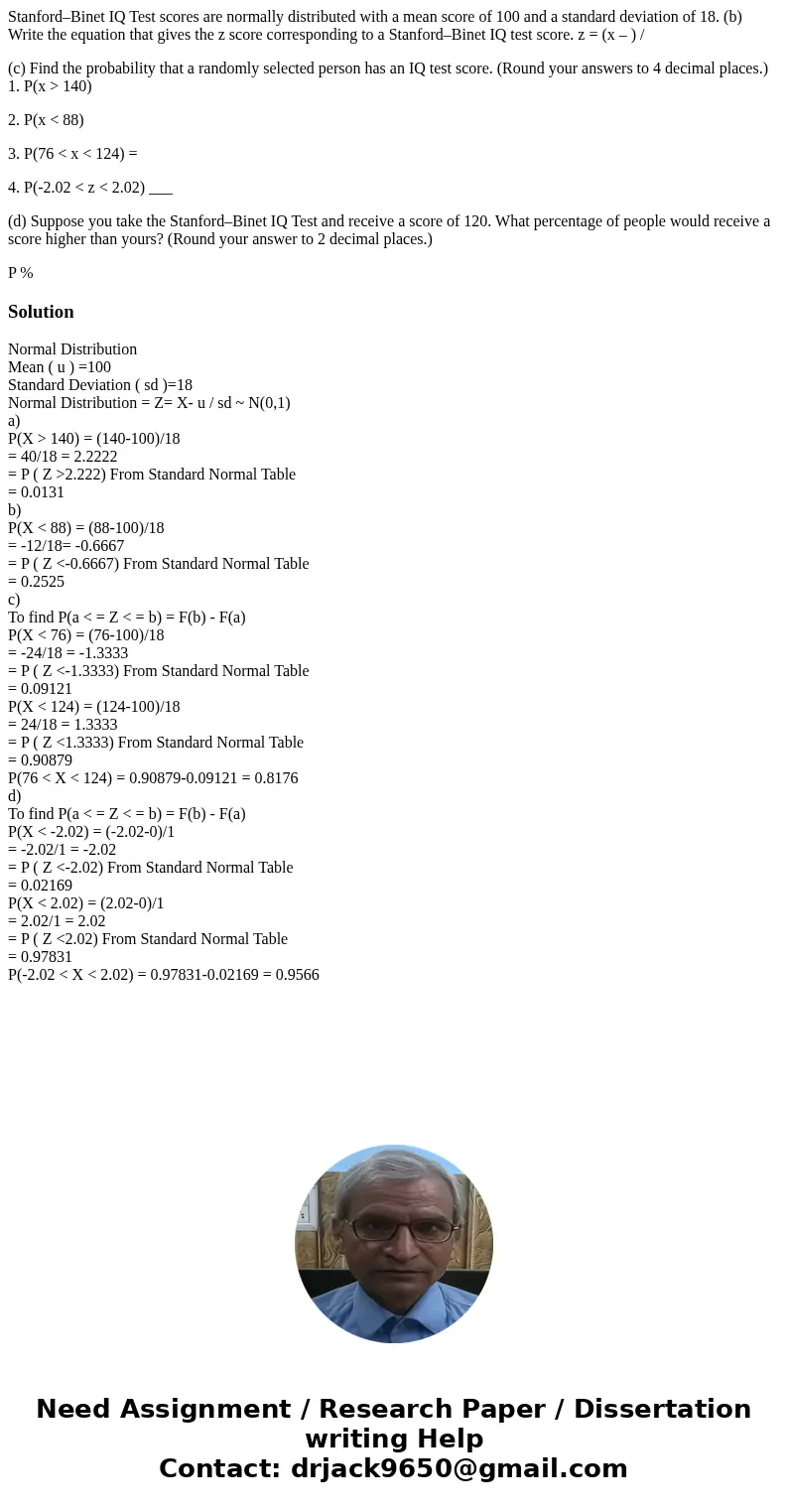 Stanford–Binet IQ Test scores are normally distributed with a mean score of 100 and a standard deviation of 18. (b) Write the equation that gives the z score co