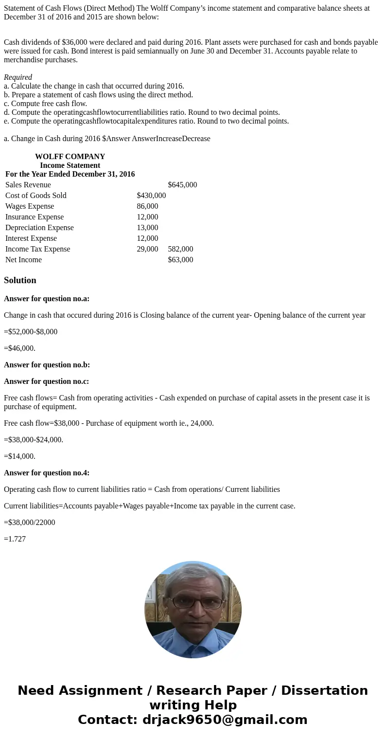 Statement of Cash Flows (Direct Method) The Wolff Company’s income statement and comparative balance sheets at December 31 of 2016 and 2015 are shown below: Cas