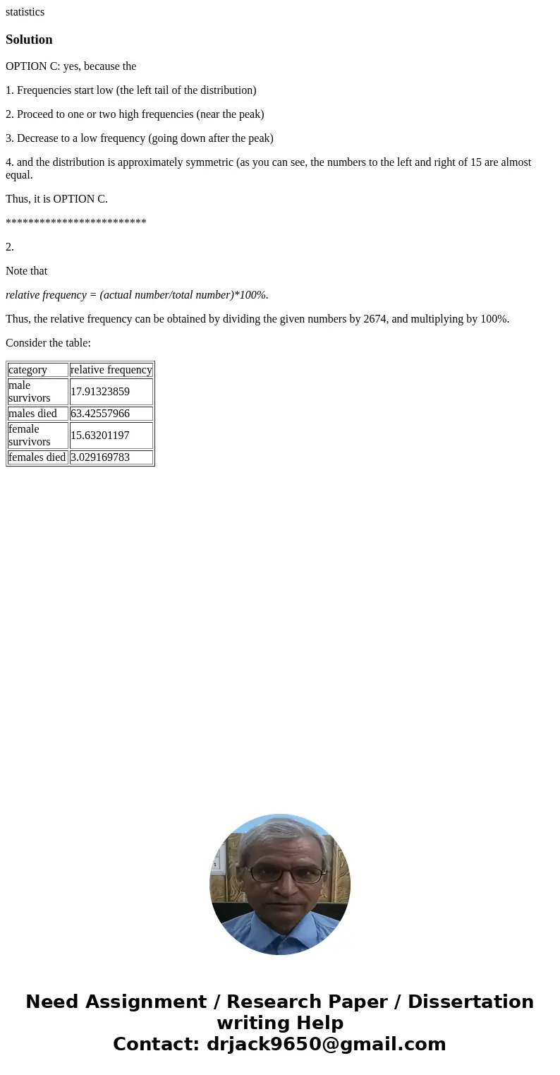 statisticsSolutionOPTION C: yes, because the 1. Frequencies start low (the left tail of the distribution) 2. Proceed to one or two high frequencies (near the pe