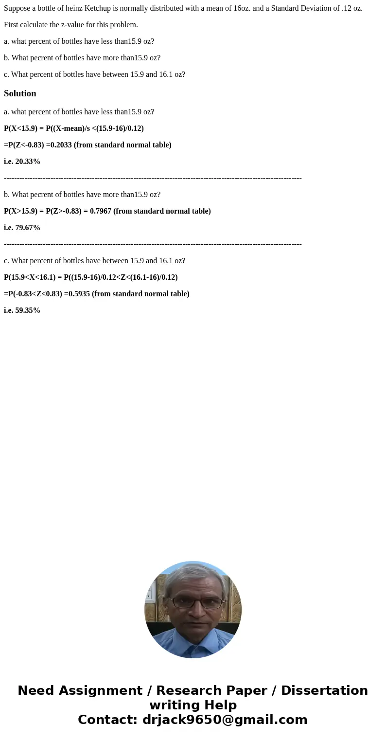 Suppose a bottle of heinz Ketchup is normally distributed with a mean of 16oz. and a Standard Deviation of .12 oz. First calculate the z-value for this problem.