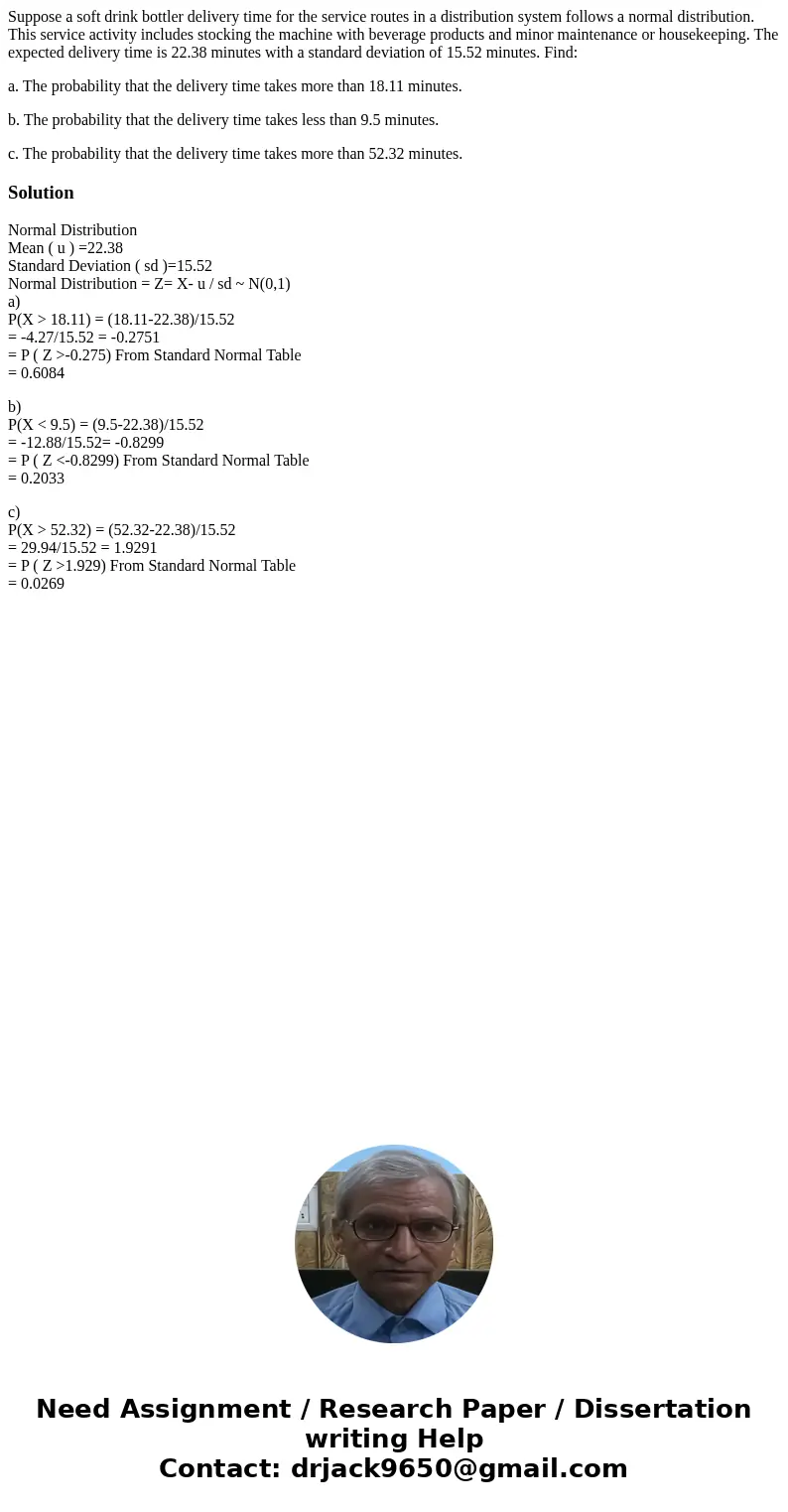 Suppose a soft drink bottler delivery time for the service routes in a distribution system follows a normal distribution. This service activity includes stockin