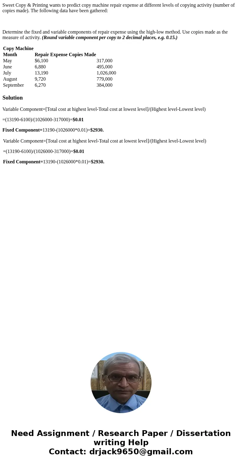 Sweet Copy & Printing wants to predict copy machine repair expense at different levels of copying activity (number of copies made). The following data have 