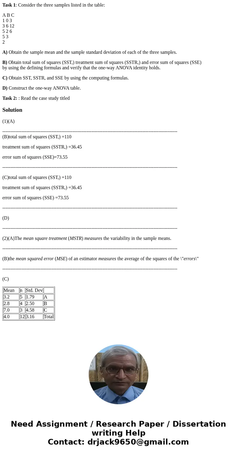 Task 1: Consider the three samples listed in the table: A B C 1 0 3 3 6 12 5 2 6 5 3 2 A) Obtain the sample mean and the sample standard deviation of each of th