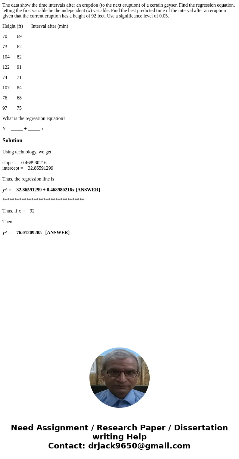 The data show the time intervals after an eruption (to the next eruption) of a certain geyser. Find the regression equation, letting the first variable be the i