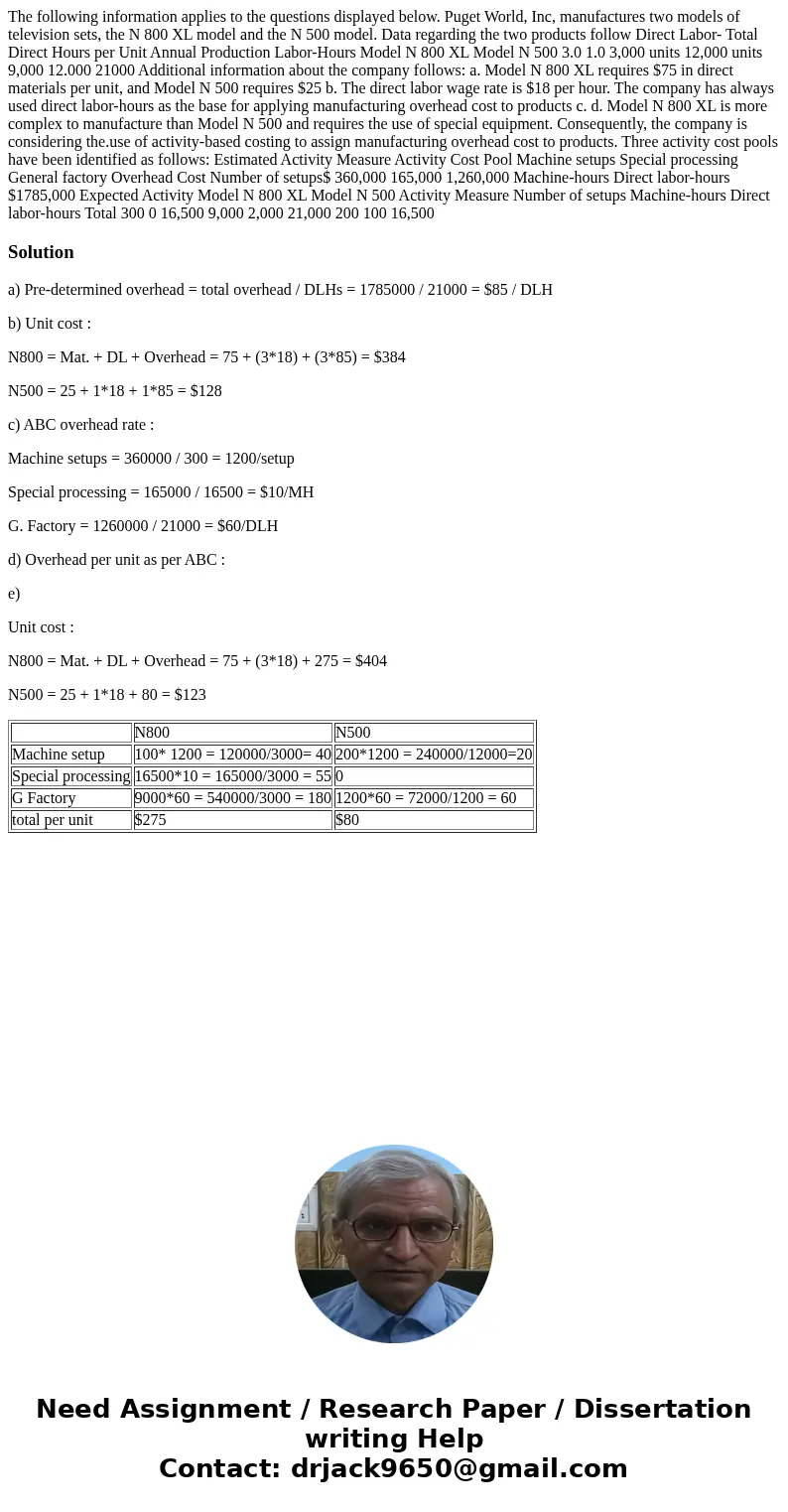  The following information applies to the questions displayed below. Puget World, Inc, manufactures two models of television sets, the N 800 XL model and the N 