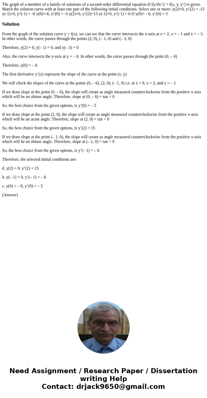  The graph of a member of a family of solutions of a second-order differential equation d^2y/dx^2 = f(x, y, y\') is given. Match the solution curve with at leas