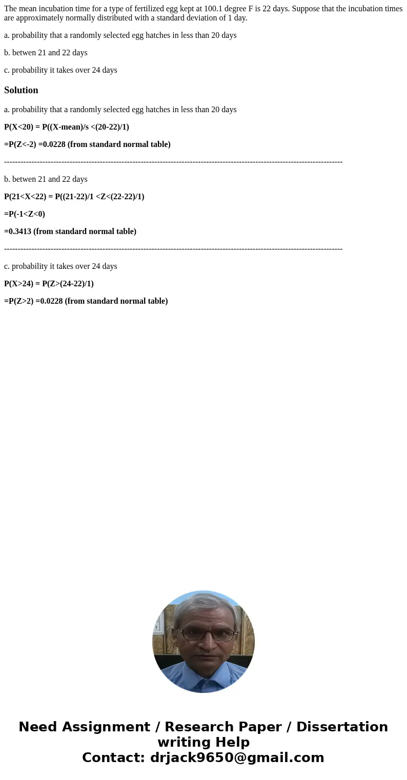 The mean incubation time for a type of fertilized egg kept at 100.1 degree F is 22 days. Suppose that the incubation times are approximately normally distribute The mean incubation time for a type of fertilized egg kept at 100.1 degree F is 22 days. Suppose that the incubation times are approximately normally distribute