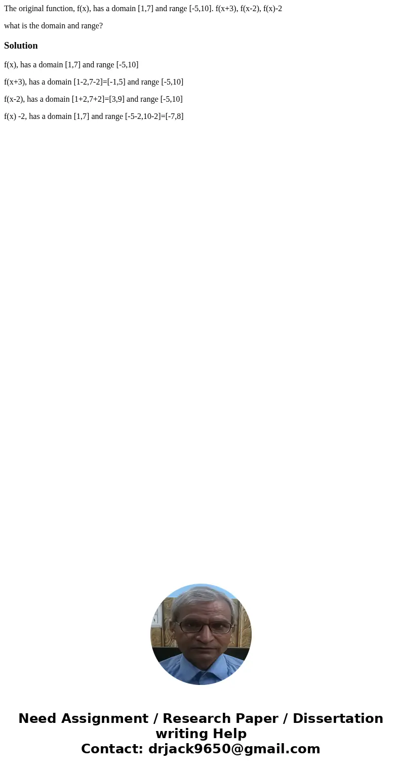 The original function, f(x), has a domain [1,7] and range [-5,10]. f(x+3), f(x-2), f(x)-2 what is the domain and range?Solutionf(x), has a domain [1,7] and rang
