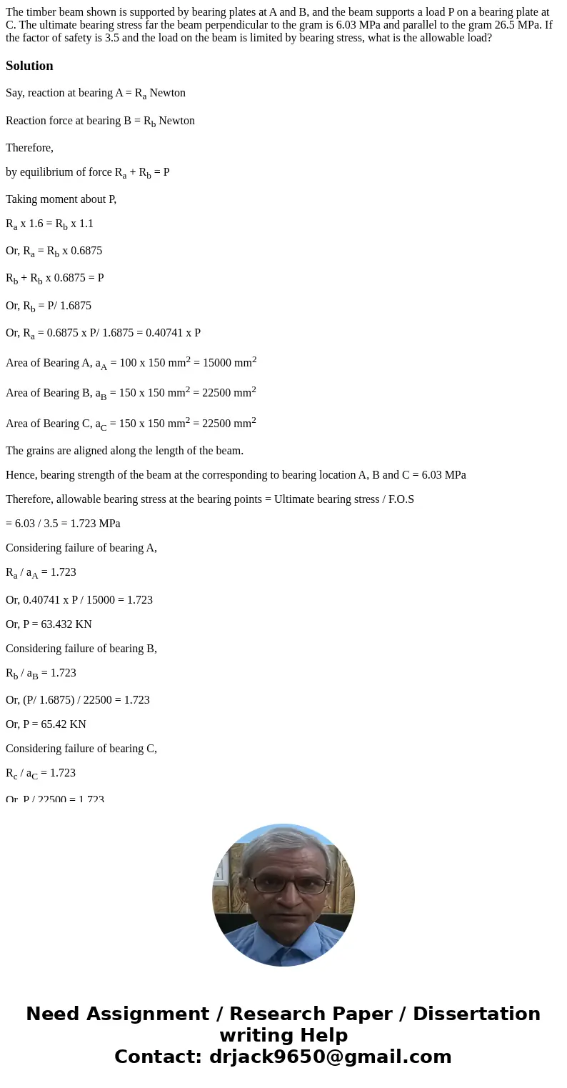  The timber beam shown is supported by bearing plates at A and B, and the beam supports a load P on a bearing plate at C. The ultimate bearing stress far the be