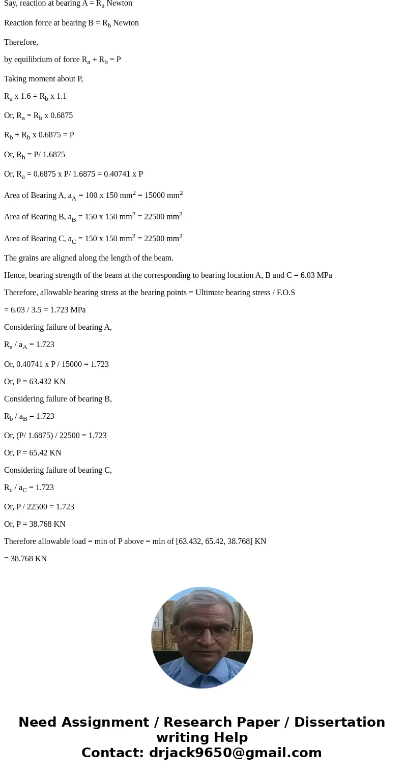  The timber beam shown is supported by bearing plates at A and B, and the beam supports a load P on a bearing plate at C. The ultimate bearing stress far the be