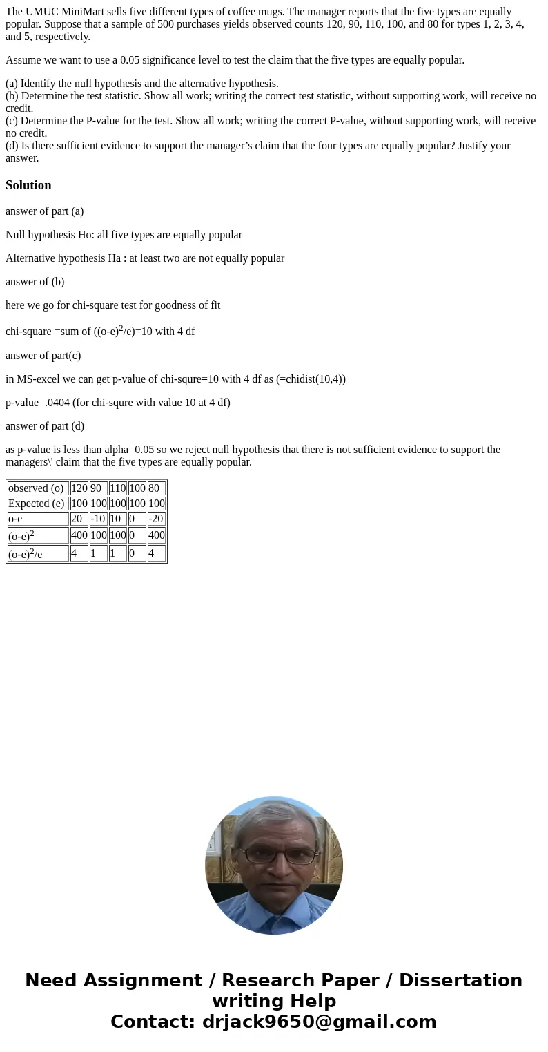 The UMUC MiniMart sells five different types of coffee mugs. The manager reports that the five types are equally popular. Suppose that a sample of 500 purchases