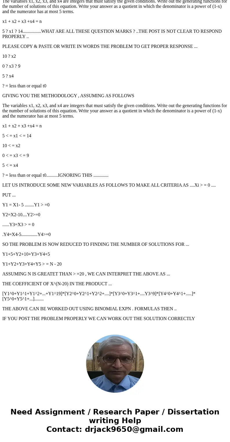 The variables x1, x2, x3, and x4 are integers that must satisfy the given conditions. Write out the generating functions for the number of solutions of this equ