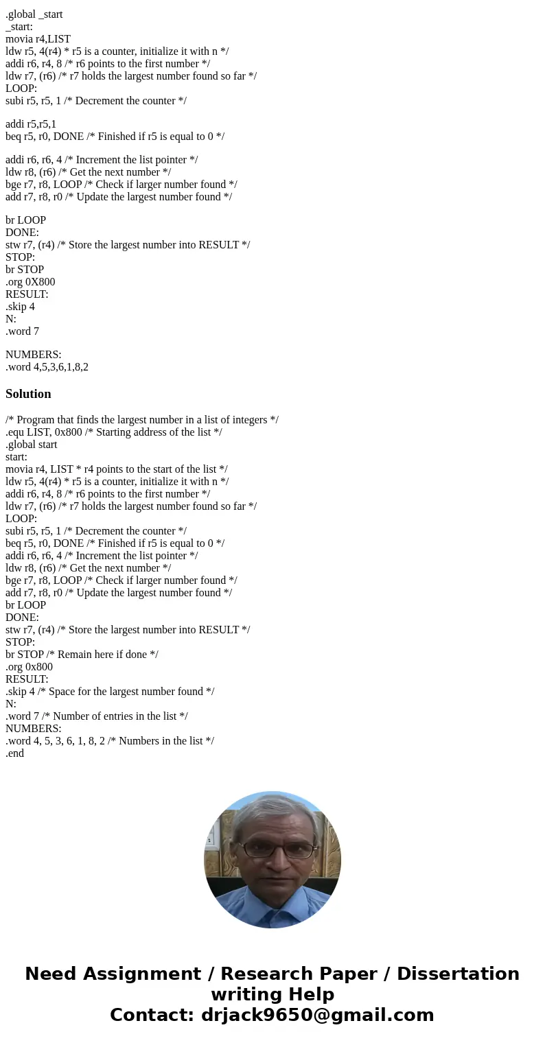 this is my nios asm code that finds the larghest number in a list.how can i edit it so that it displays on FPGA.The code compiles but doesnt show anything on de