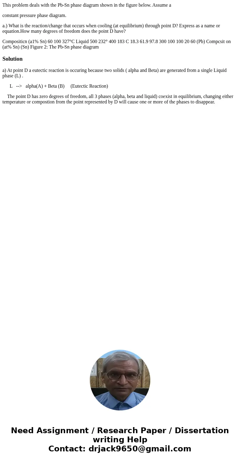This problem deals with the Pb-Sn phase diagram shown in the figure below. Assume a constant pressure phase diagram. a.) What is the reaction/change that occurs This problem deals with the Pb-Sn phase diagram shown in the figure below. Assume a constant pressure phase diagram. a.) What is the reaction/change that occurs