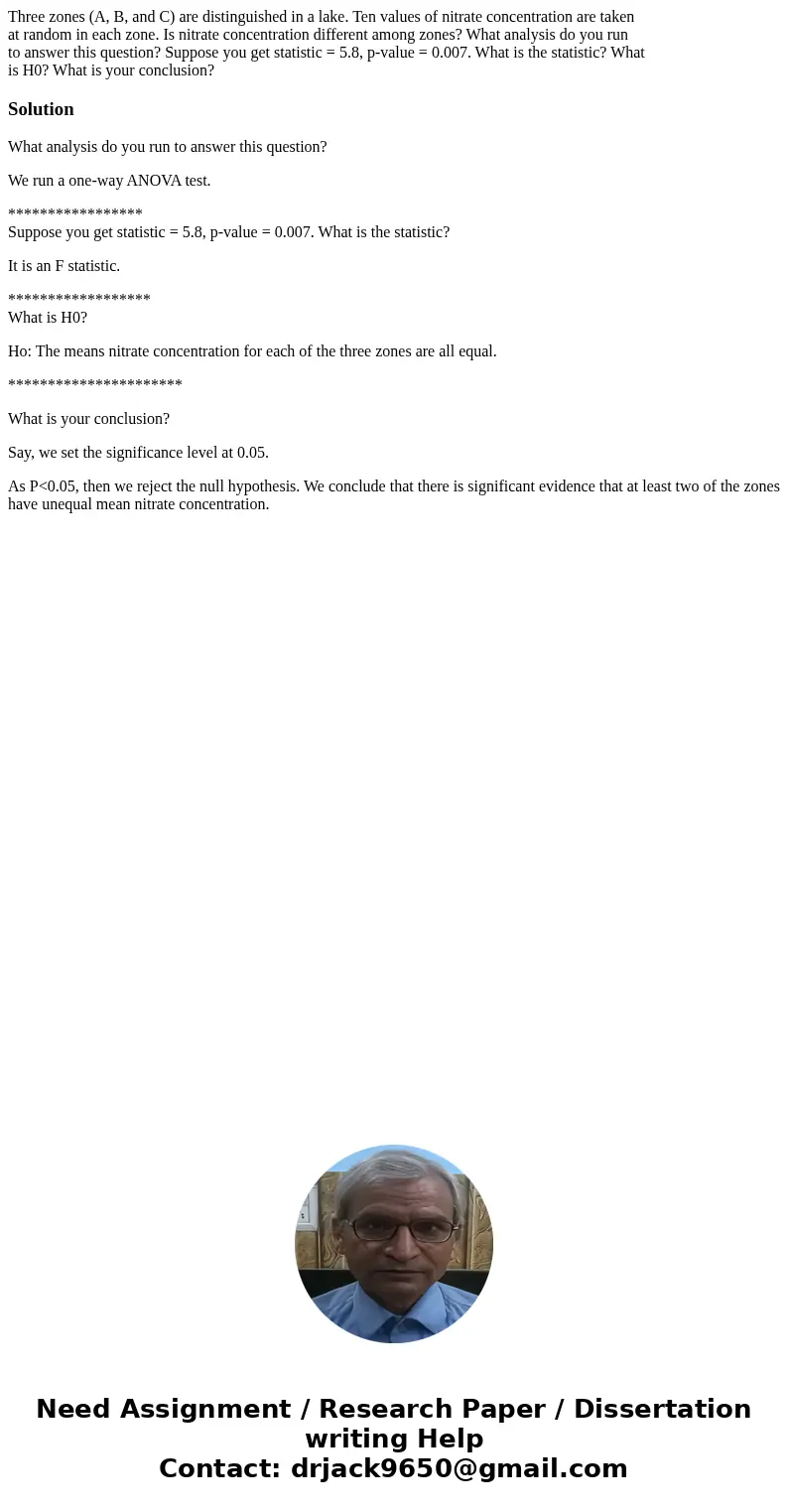 Three zones (A, B, and C) are distinguished in a lake. Ten values of nitrate concentration are taken at random in each zone. Is nitrate concentration different 