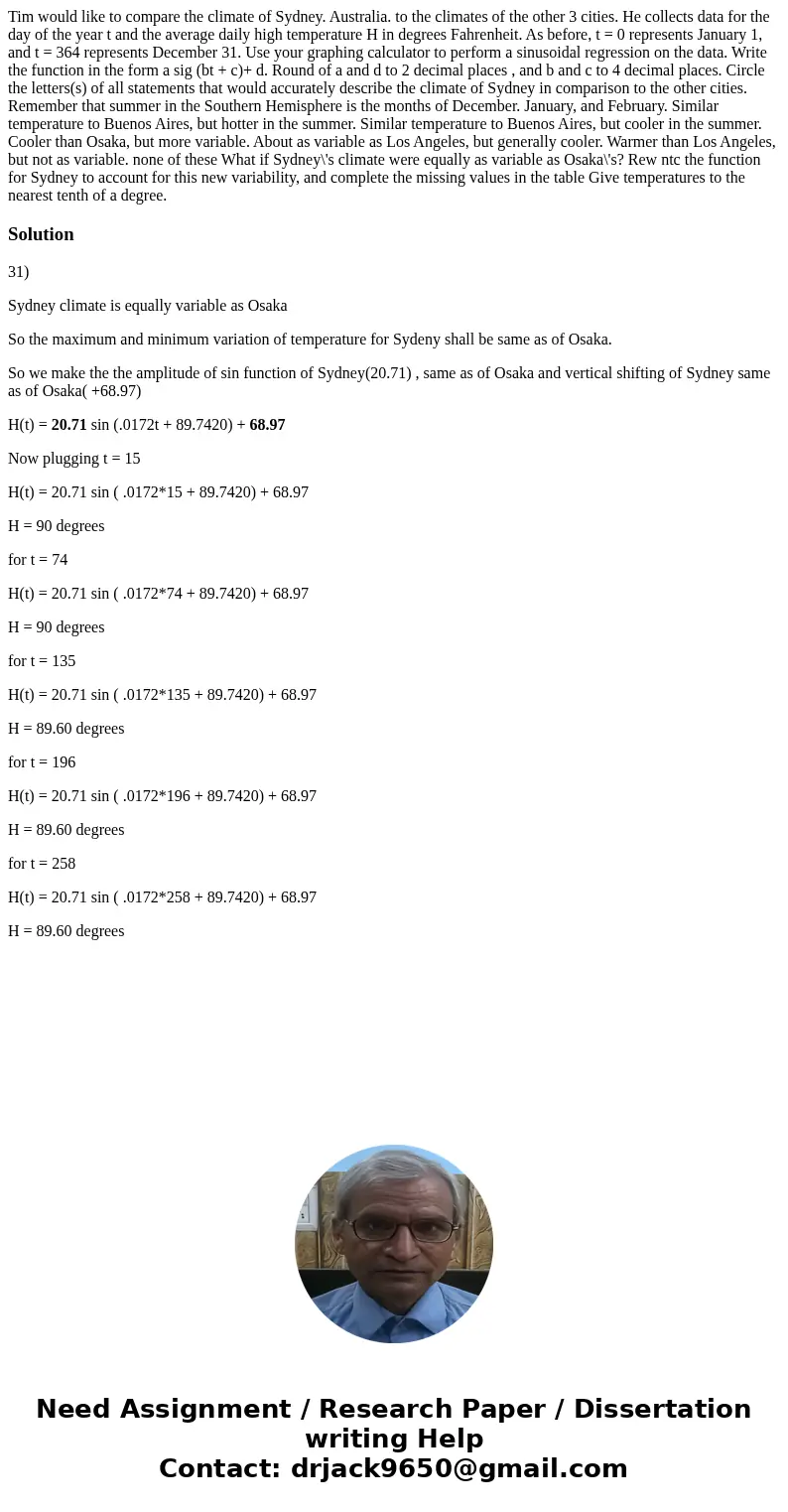  Tim would like to compare the climate of Sydney. Australia. to the climates of the other 3 cities. He collects data for the day of the year t and the average d