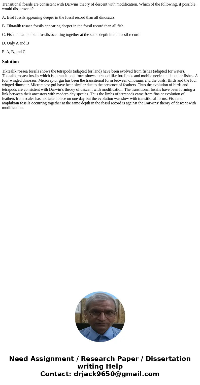Transitional fossils are consistent with Darwins theory of descent with modification. Which of the following, if possible, would dissprove it? A. Bird fossils a