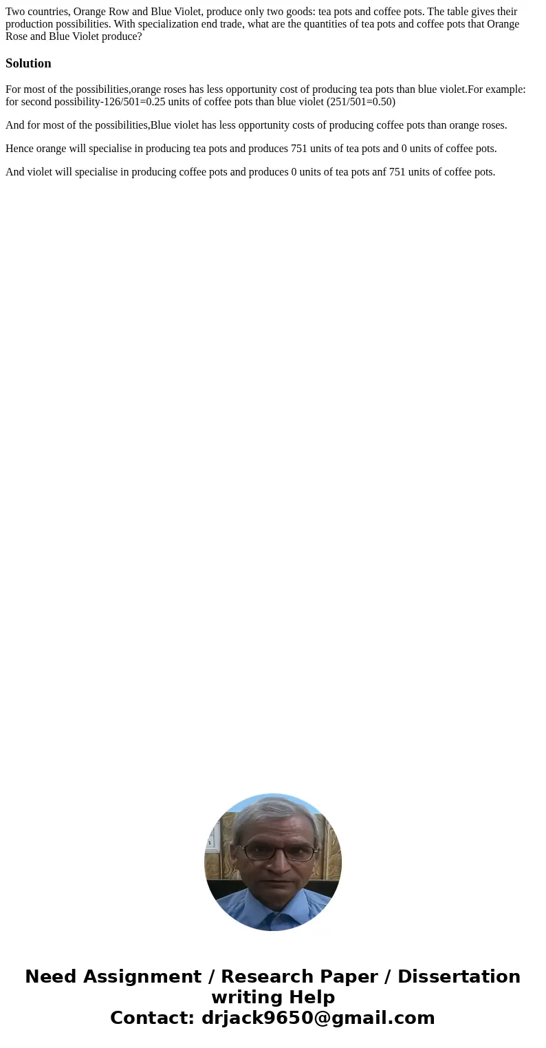 Two countries, Orange Row and Blue Violet, produce only two goods: tea pots and coffee pots. The table gives their production possibilities. With specializatio  Two countries, Orange Row and Blue Violet, produce only two goods: tea pots and coffee pots. The table gives their production possibilities. With specializatio