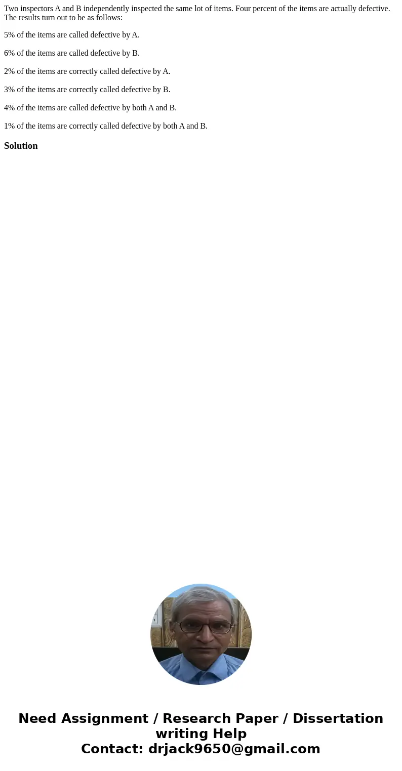Two inspectors A and B independently inspected the same lot of items. Four percent of the items are actually defective. The results turn out to be as follows: 5