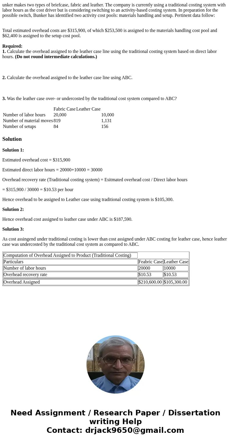 unker makes two types of briefcase, fabric and leather. The company is currently using a traditional costing system with labor hours as the cost driver but is c