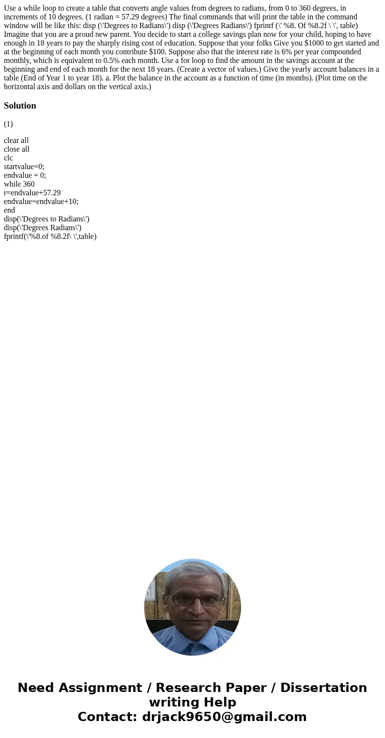  Use a while loop to create a table that converts angle values from degrees to radians, from 0 to 360 degrees, in increments of 10 degrees. (1 radian = 57.29 de