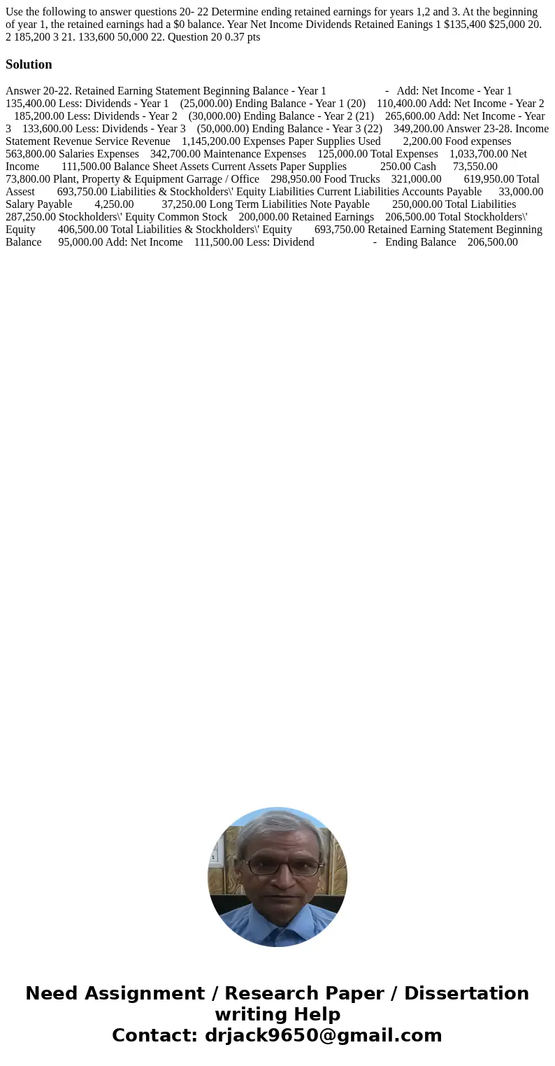  Use the following to answer questions 20- 22 Determine ending retained earnings for years 1,2 and 3. At the beginning of year 1, the retained earnings had a $0