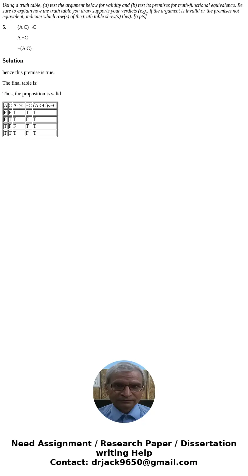 Using a truth table, (a) test the argument below for validity and (b) test its premises for truth-functional equivalence. Be sure to explain how the truth table