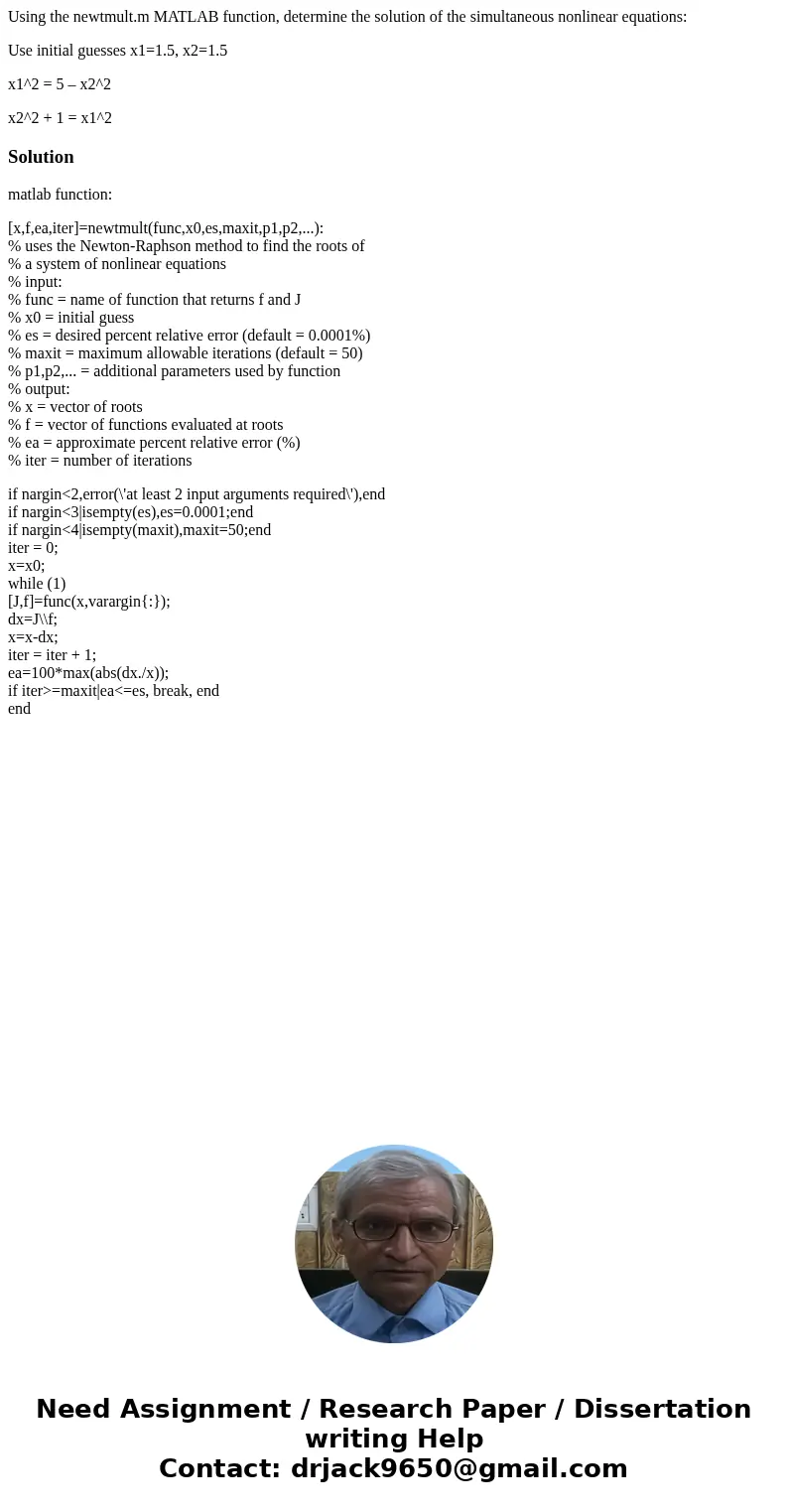 Using the newtmult.m MATLAB function, determine the solution of the simultaneous nonlinear equations: Use initial guesses x1=1.5, x2=1.5 x1^2 = 5 – x2^2 x2^2 + 
