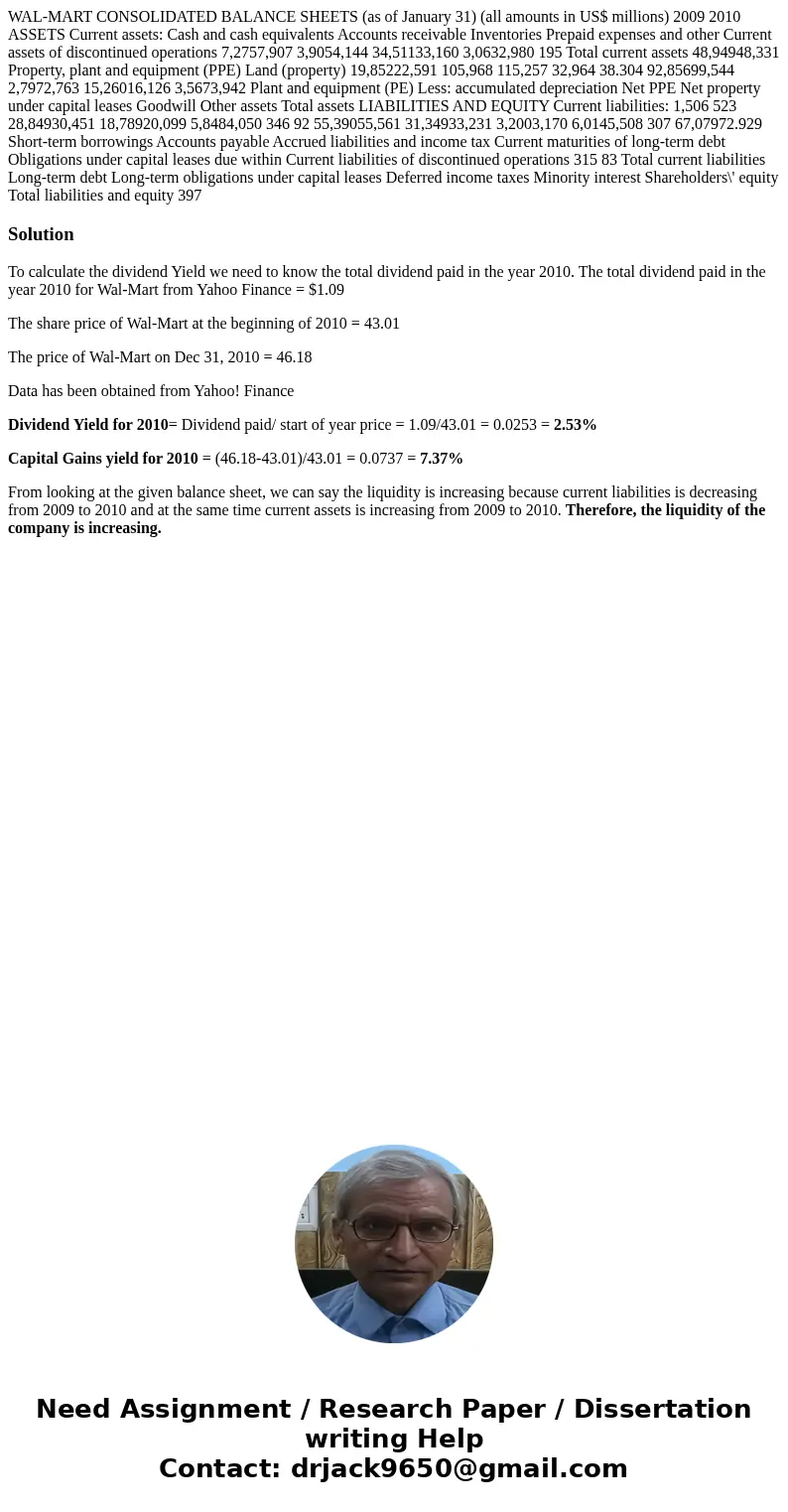  WAL-MART CONSOLIDATED BALANCE SHEETS (as of January 31) (all amounts in US$ millions) 2009 2010 ASSETS Current assets: Cash and cash equivalents Accounts recei
