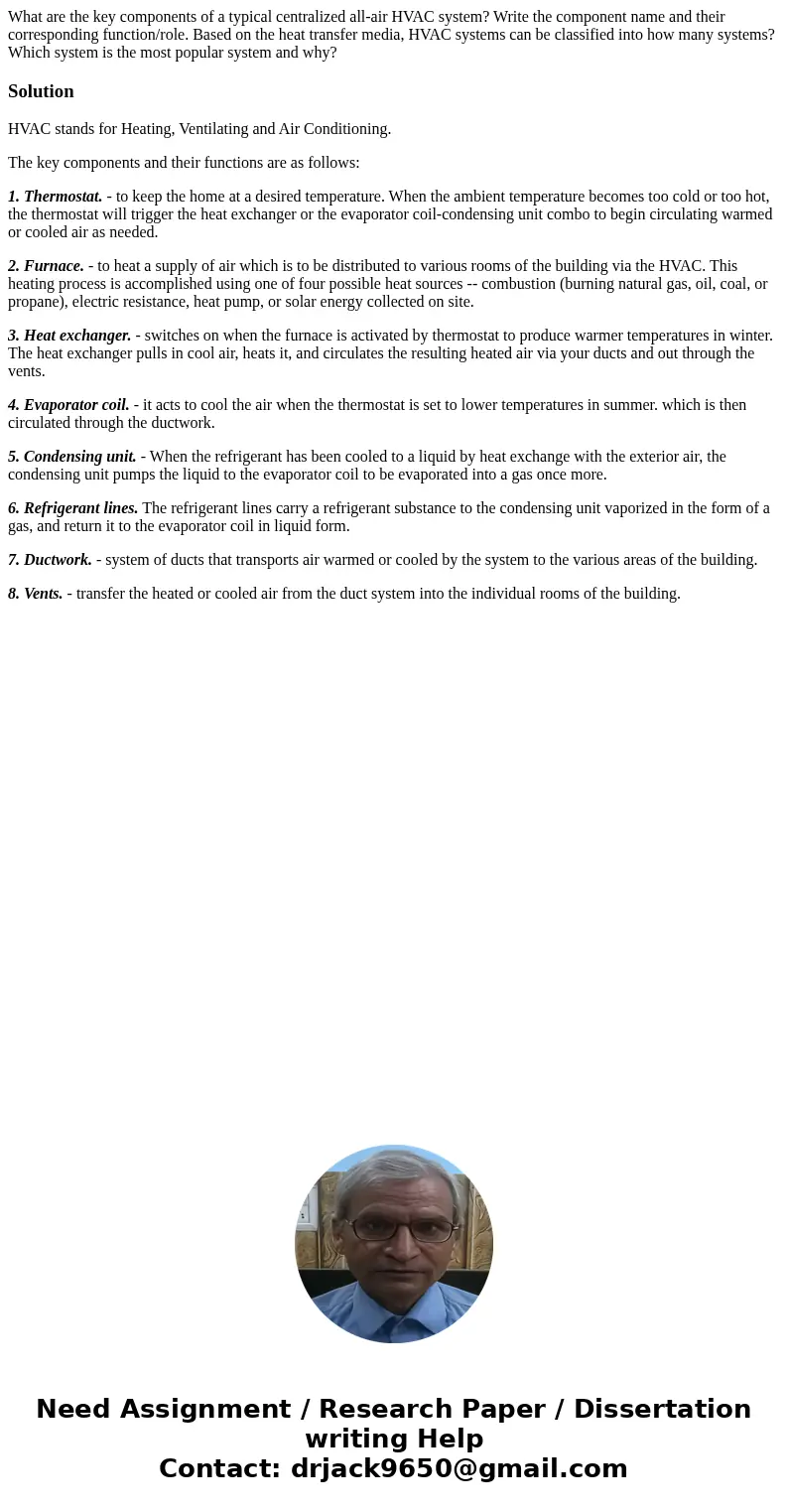  What are the key components of a typical centralized all-air HVAC system? Write the component name and their corresponding function/role. Based on the heat tra