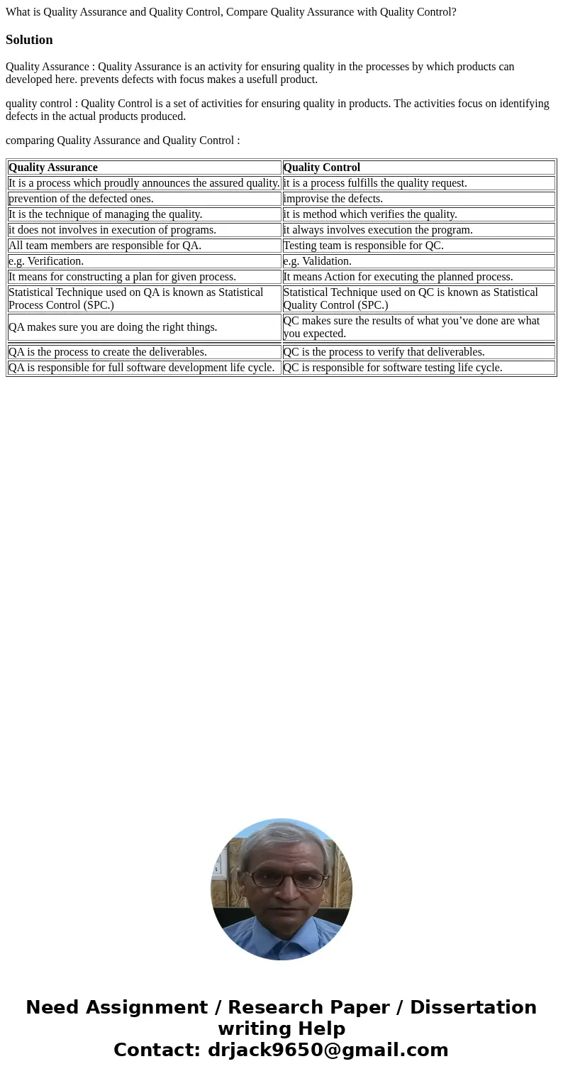 What is Quality Assurance and Quality Control, Compare Quality Assurance with Quality Control?SolutionQuality Assurance : Quality Assurance is an activity for e What is Quality Assurance and Quality Control, Compare Quality Assurance with Quality Control?SolutionQuality Assurance : Quality Assurance is an activity for e