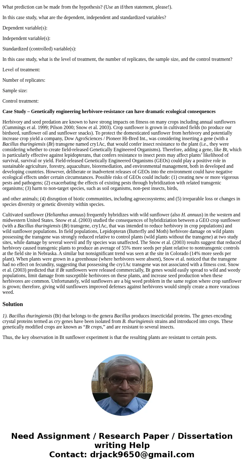 What is the key observation related to the Bt sunflower experiment? What is the hypothesis being tested? What prediction can be made from the hypothesis? (Use a What is the key observation related to the Bt sunflower experiment? What is the hypothesis being tested? What prediction can be made from the hypothesis? (Use a