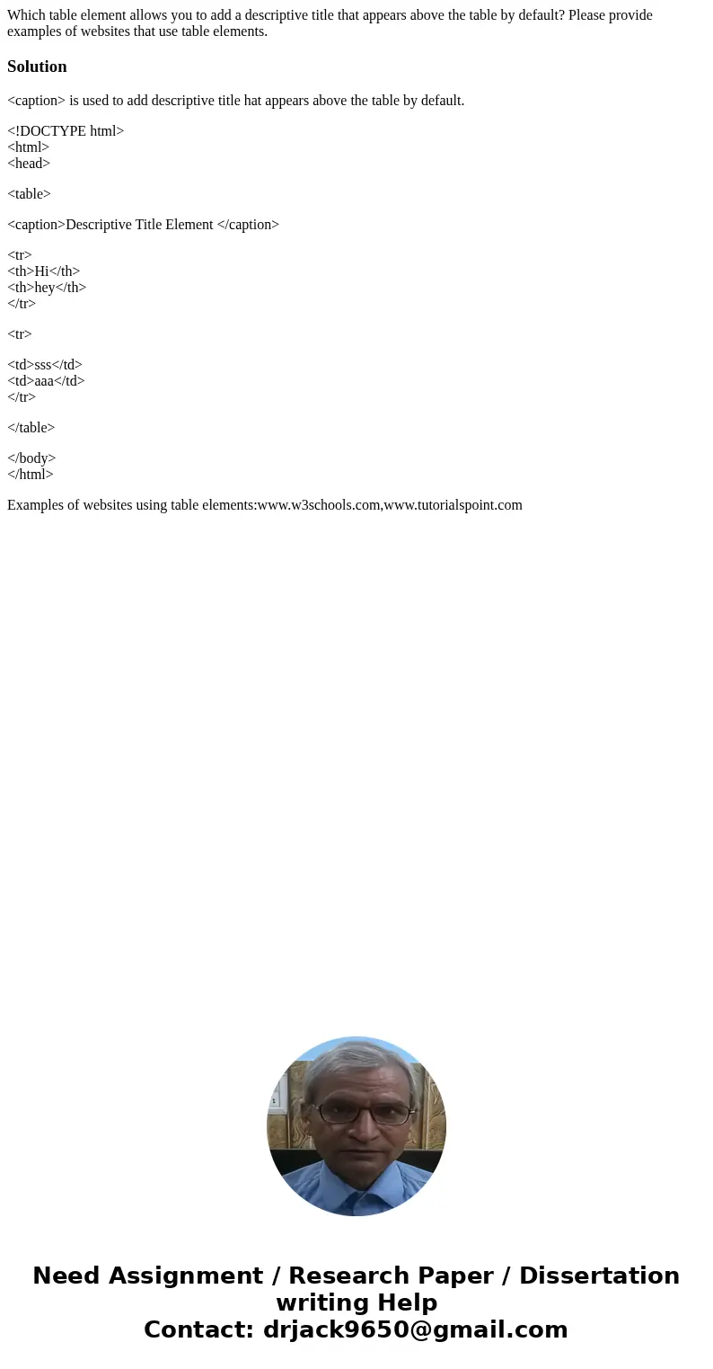 Which table element allows you to add a descriptive title that appears above the table by default? Please provide examples of websites that use table elements.S Which table element allows you to add a descriptive title that appears above the table by default? Please provide examples of websites that use table elements.S