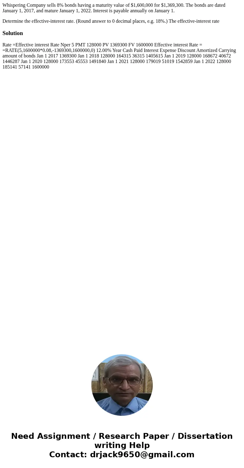  Whispering Company sells 8% bonds having a maturity value of $1,600,000 for $1,369,300. The bonds are dated January 1, 2017, and mature January 1, 2022. Intere