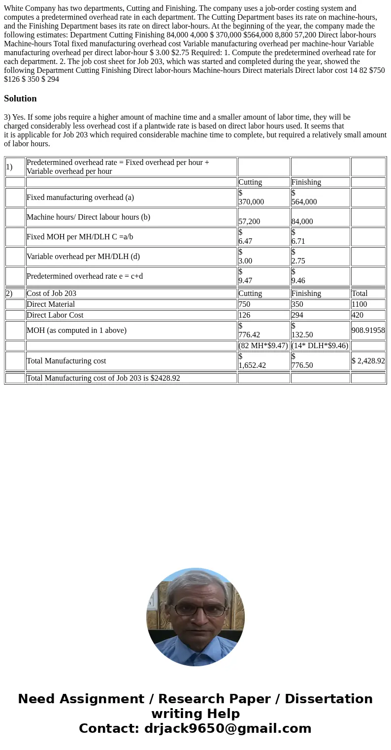  White Company has two departments, Cutting and Finishing. The company uses a job-order costing system and computes a predetermined overhead rate in each depart