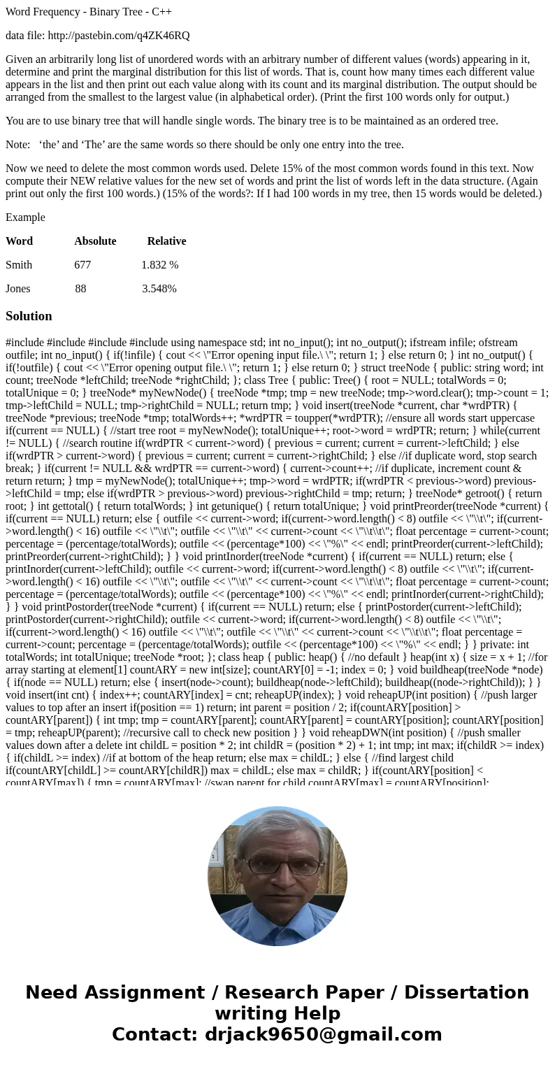 Word Frequency - Binary Tree - C++ data file: http://pastebin.com/q4ZK46RQ Given an arbitrarily long list of unordered words with an arbitrary number of differe