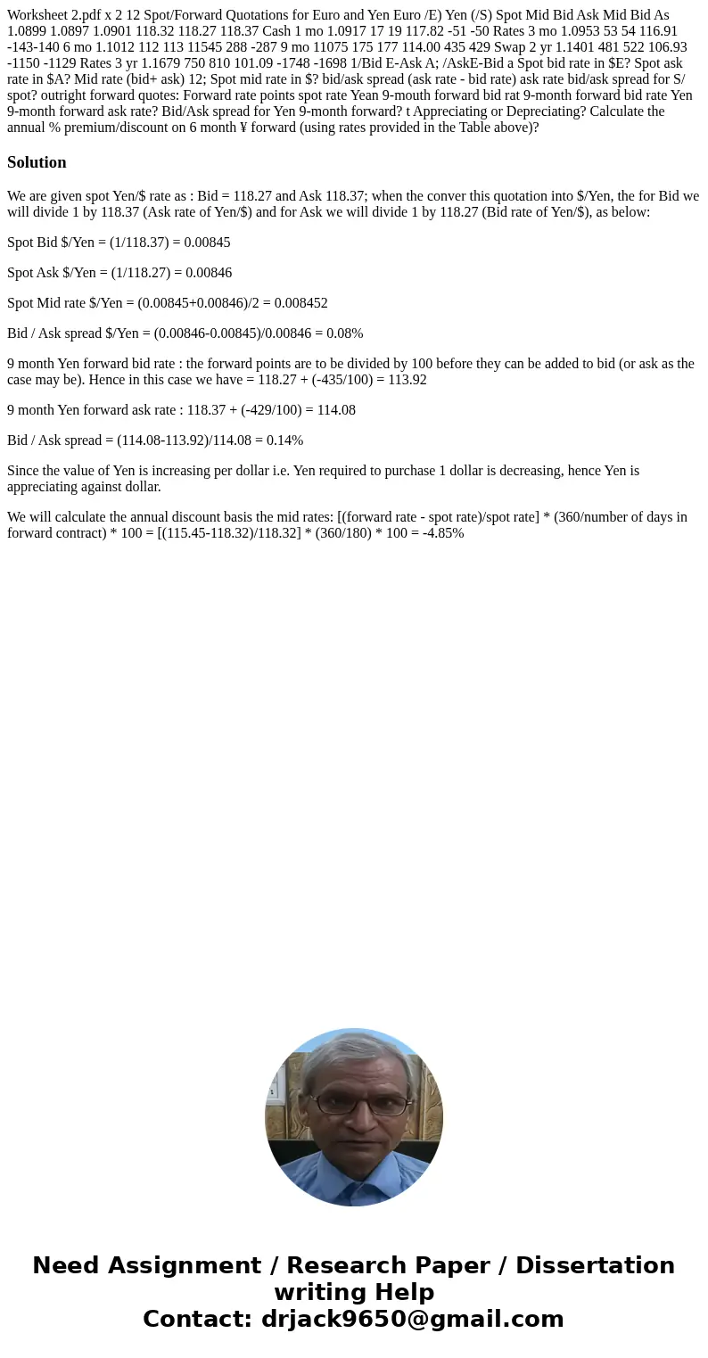 Worksheet 2.pdf x 2 12 Spot/Forward Quotations for Euro and Yen Euro /E) Yen (/S) Spot Mid Bid Ask Mid Bid As 1.0899 1.0897 1.0901 118.32 118.27 118.37 Cash 1 