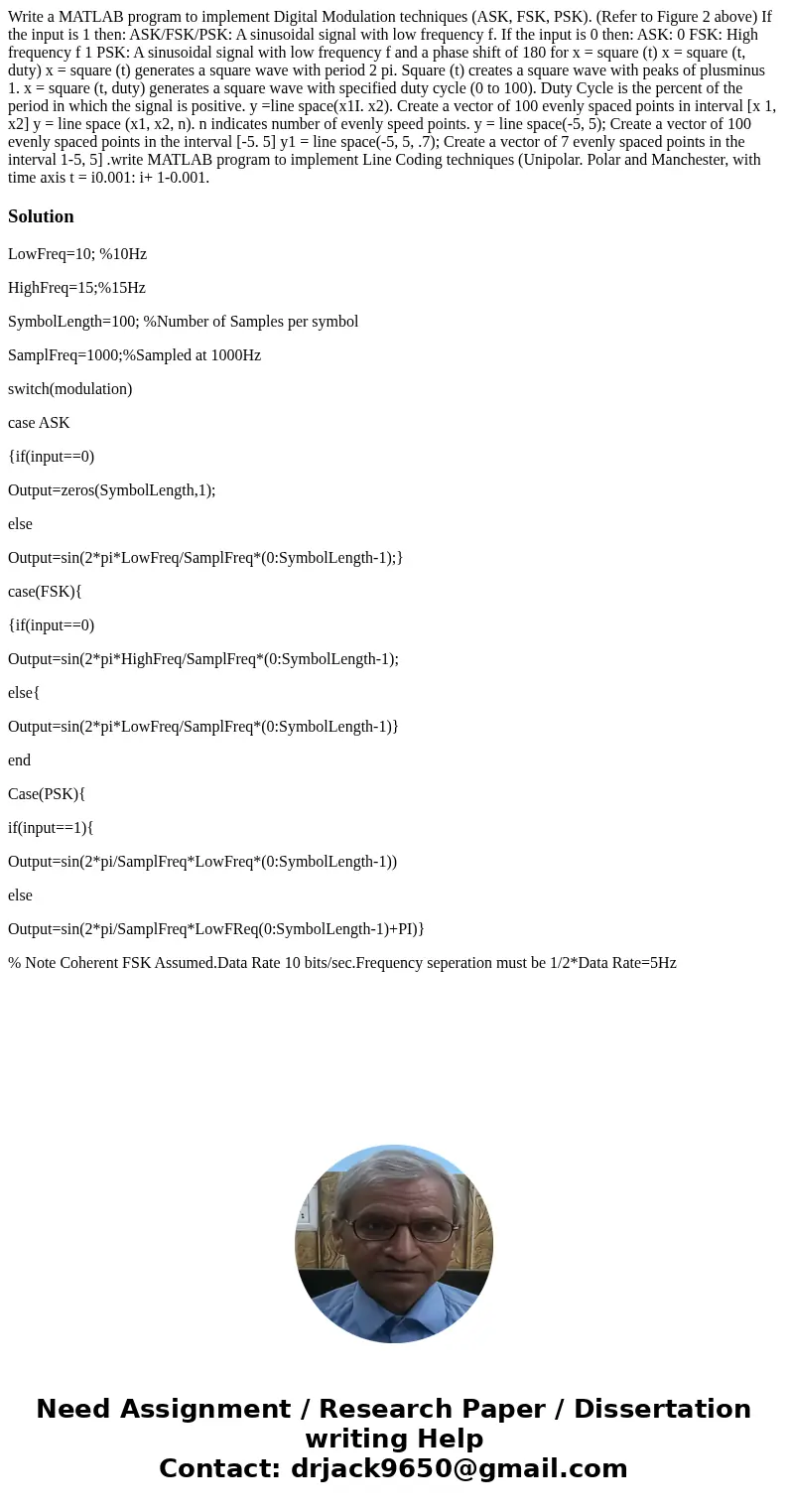 Write a MATLAB program to implement Digital Modulation techniques (ASK, FSK, PSK). (Refer to Figure 2 above) If the input is 1 then: ASK/FSK/PSK: A sinusoidal   Write a MATLAB program to implement Digital Modulation techniques (ASK, FSK, PSK). (Refer to Figure 2 above) If the input is 1 then: ASK/FSK/PSK: A sinusoidal