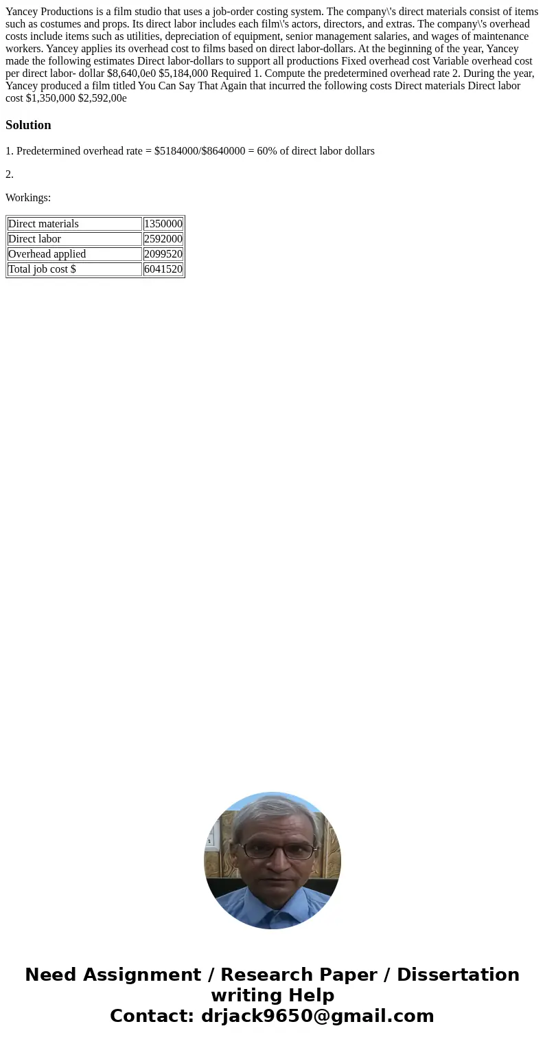  Yancey Productions is a film studio that uses a job-order costing system. The company\'s direct materials consist of items such as costumes and props. Its dire