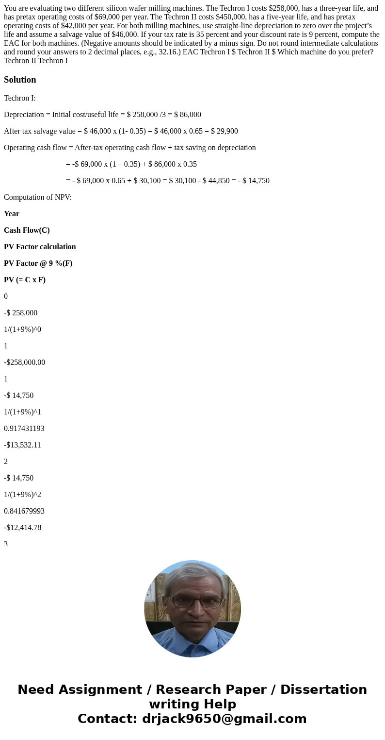 You are evaluating two different silicon wafer milling machines. The Techron I costs $258,000, has a three-year life, and has pretax operating costs of $69,000  You are evaluating two different silicon wafer milling machines. The Techron I costs $258,000, has a three-year life, and has pretax operating costs of $69,000