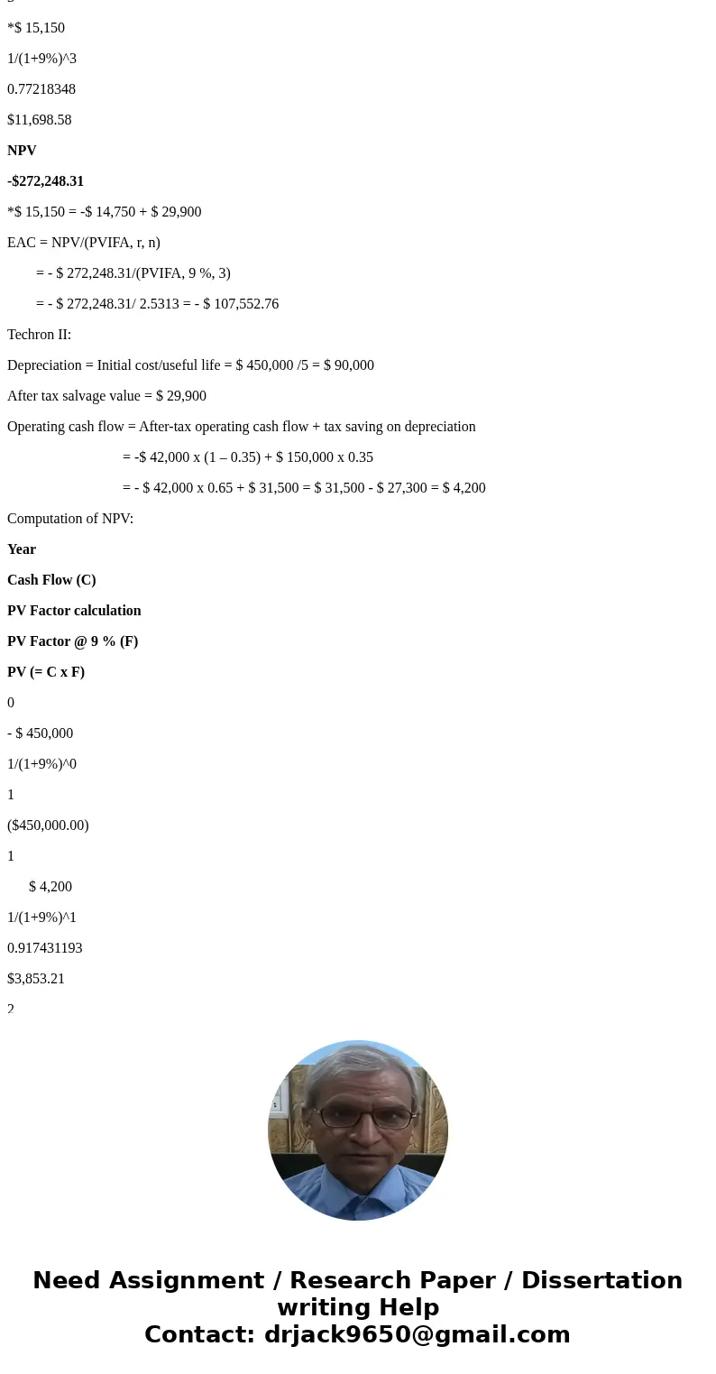 You are evaluating two different silicon wafer milling machines. The Techron I costs $258,000, has a three-year life, and has pretax operating costs of $69,000  You are evaluating two different silicon wafer milling machines. The Techron I costs $258,000, has a three-year life, and has pretax operating costs of $69,000