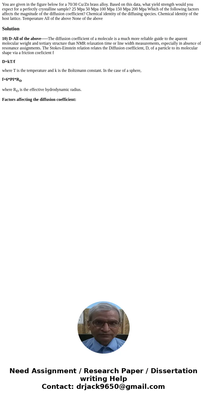 You are given in the figure below for a 70/30 Cu/Zn brass alloy. Based on this data, what yield strength would you expect for a perfectly crystalline sample? 2  You are given in the figure below for a 70/30 Cu/Zn brass alloy. Based on this data, what yield strength would you expect for a perfectly crystalline sample? 2