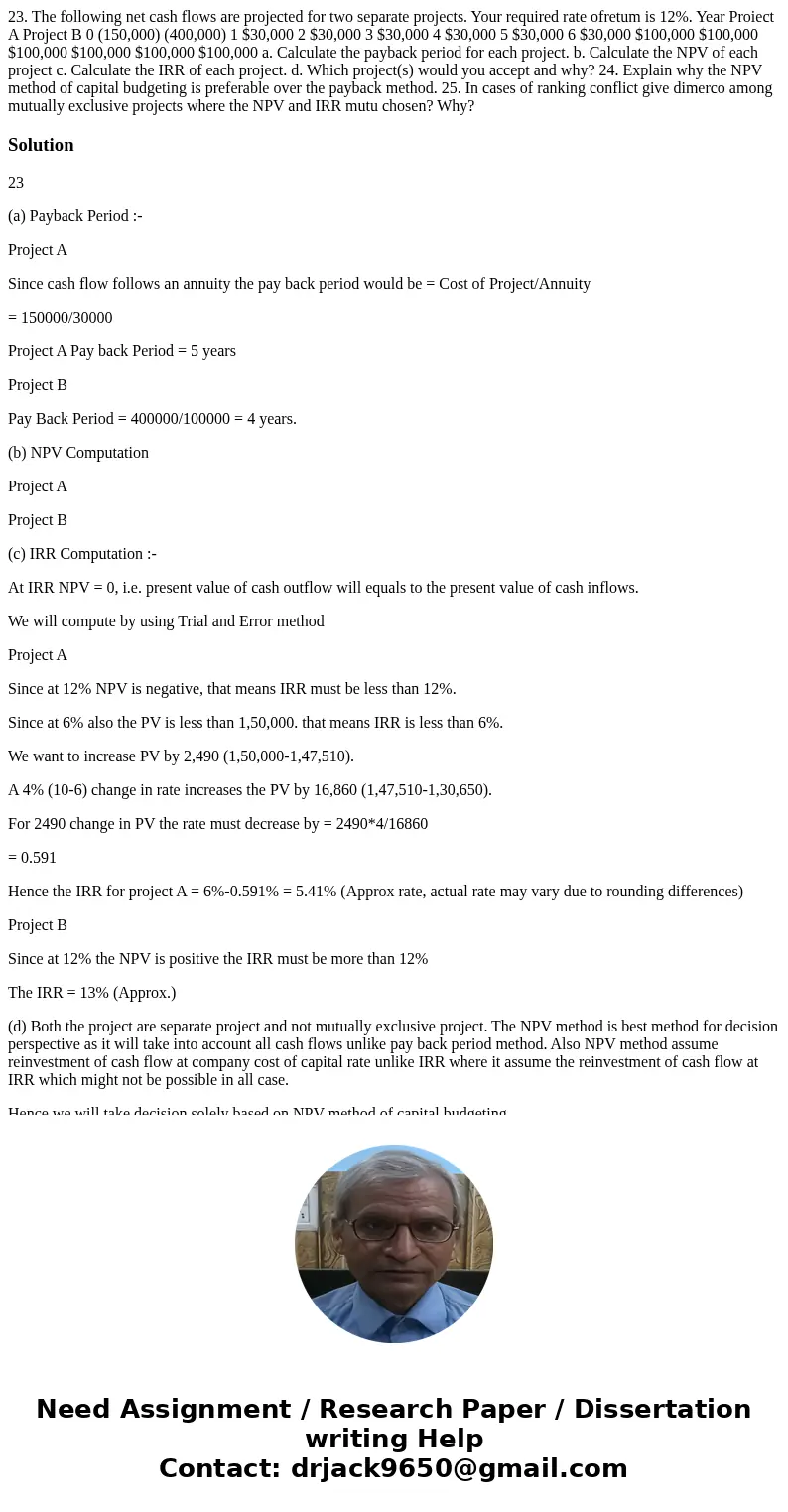 23. The following net cash flows are projected for two separate projects. Your required rate ofretum is 12%. Year Proiect A Project B 0 (150,000) (400,000) 1 $  23. The following net cash flows are projected for two separate projects. Your required rate ofretum is 12%. Year Proiect A Project B 0 (150,000) (400,000) 1 $