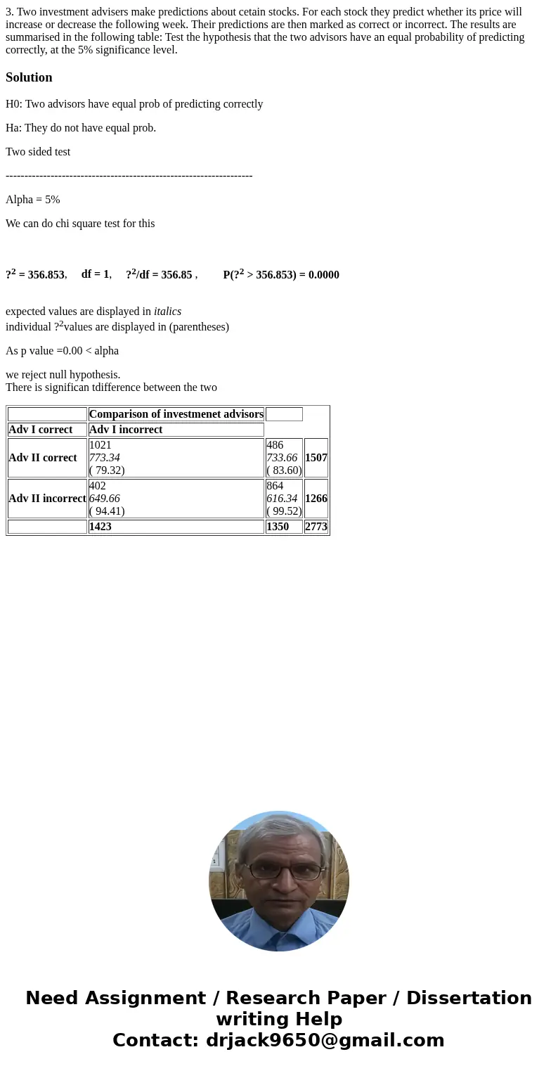  3. Two investment advisers make predictions about cetain stocks. For each stock they predict whether its price will increase or decrease the following week. Th